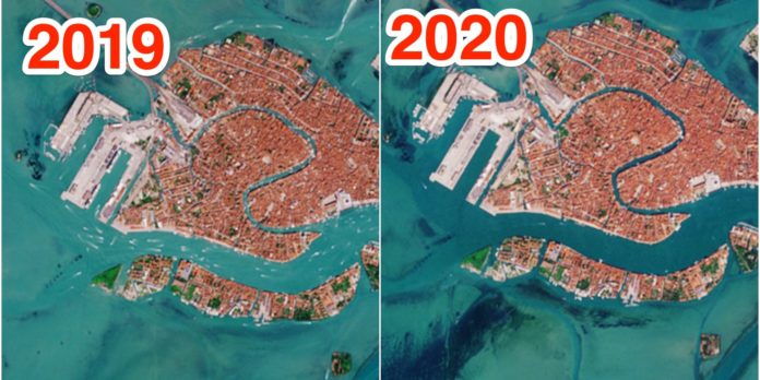 Canaux de Venise en 2019, à gauche et 2020, à droite Agence spatiale européenne